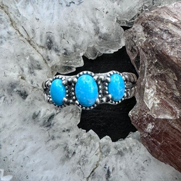 Carolyn Pollack Sterling Silver 3 Oval Turquoise Decorated Ring For Women - Picture 6 of 13